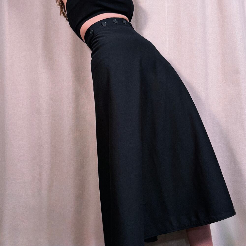 1970s Black Corset Waist Midi Skirt, High Thigh Slit (XS/S) - Picture 2 of 3